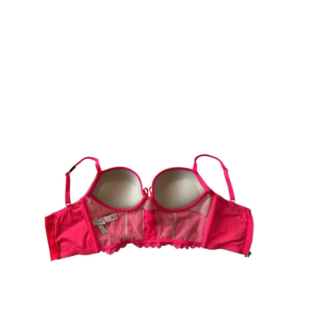 Victoria's Secret Hot Pink Lace Corset Bustier Top 34D Underwire Zip Back